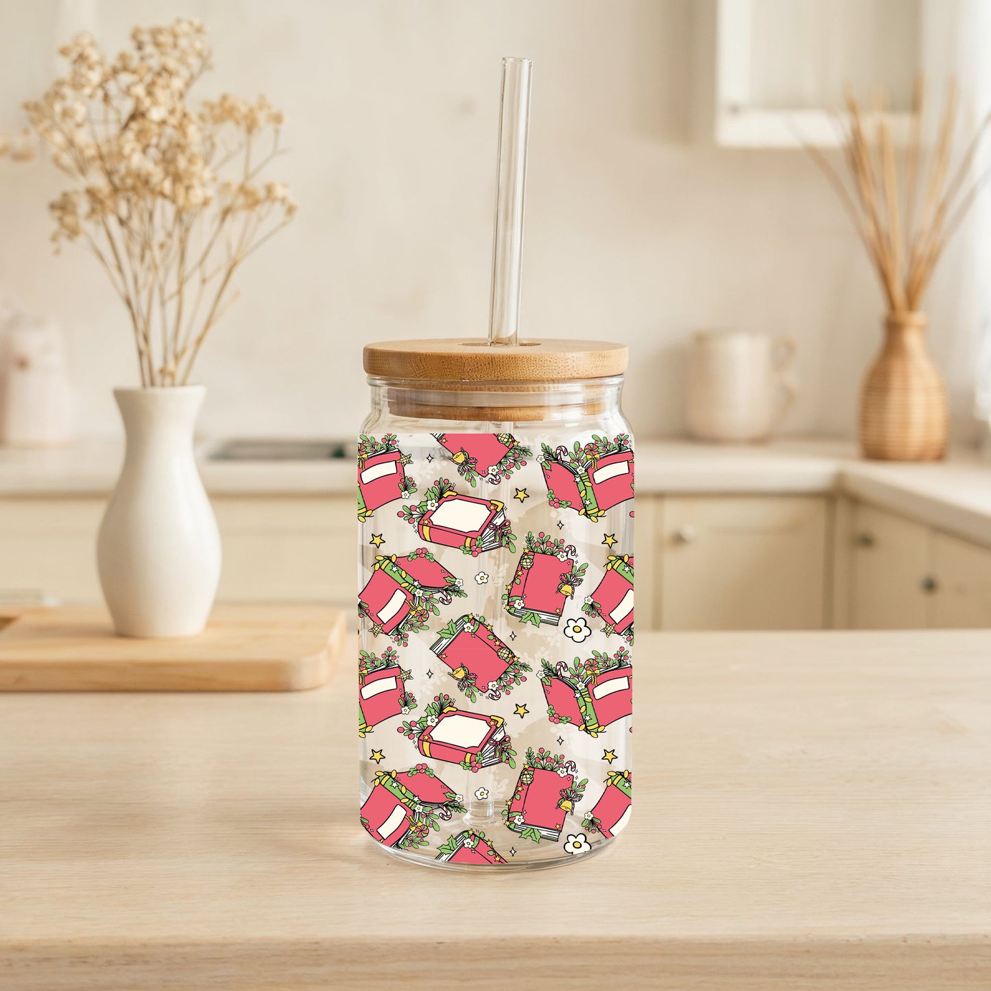 Floral Books Can Glass Tumbler, Pink School Girl Enthusiast Gift