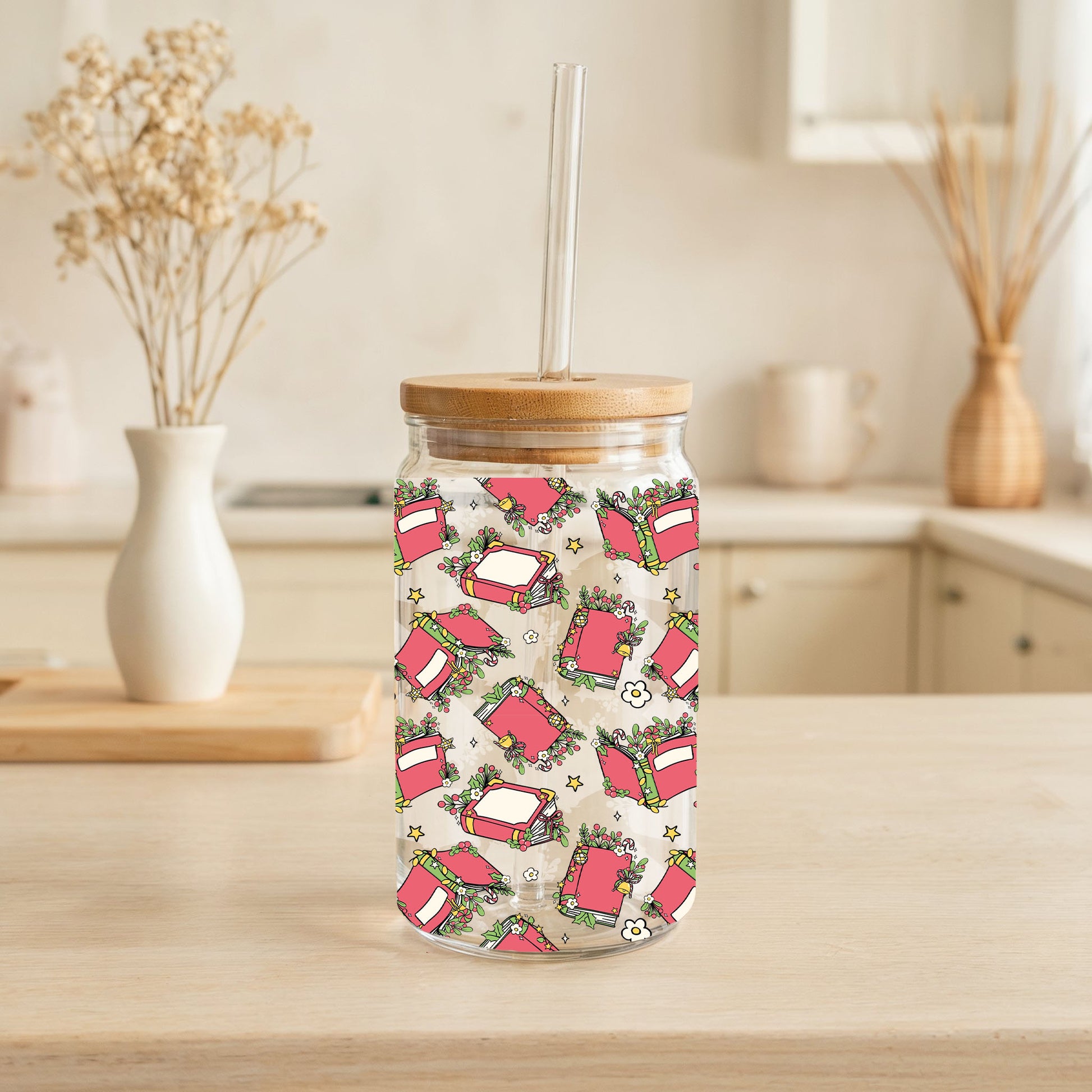 Floral Books Can Glass Tumbler, Pink School Girl Enthusiast Gift
