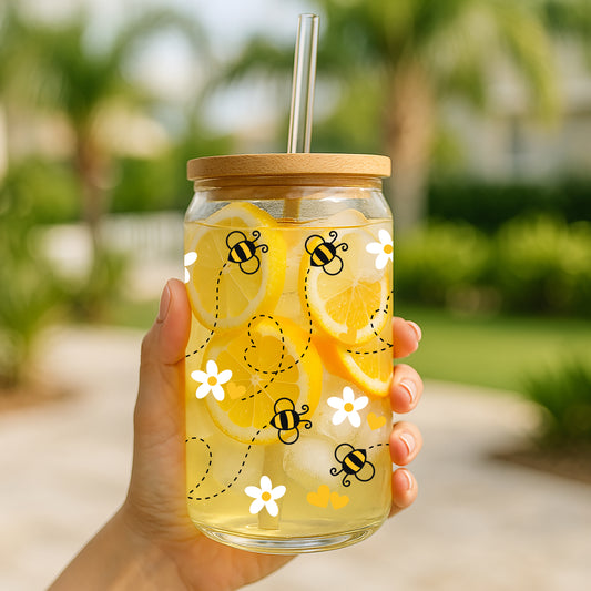 Daisy Pattern Lemonade Cup, Cottagecore Glass Tumbler, Aesthetic Coffee