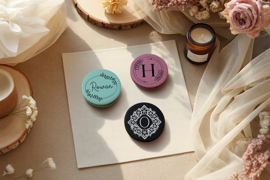 Engrave Your Style: Personalized Leatherette Pocket Mirror, Perfect for Travel