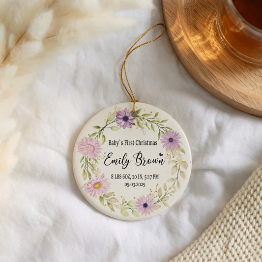 Custom Baby's First Christmas Ornament, Floral Birth Info, Nursery Decor