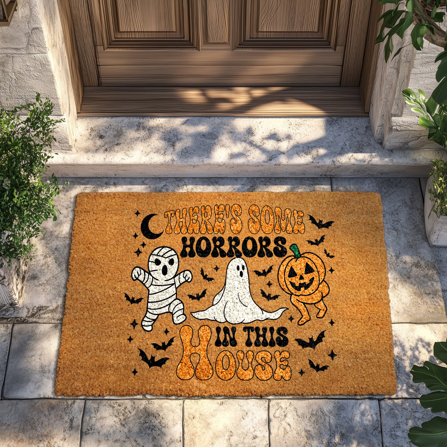 Spooky Halloween doormat featuring mummy, ghost, pumpkin design for fall.