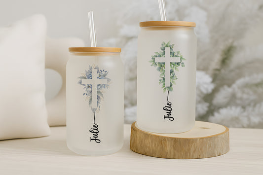 Floral Cross Can Glass Tumbler, Aesthetic Religious Iced Coffee Cup
