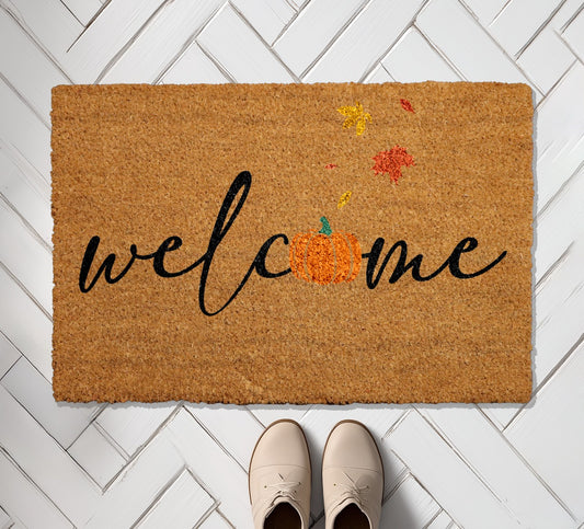 Autumn Leaves Home Decor, Pumpkin Welcome Mat for Farmhouse Entry