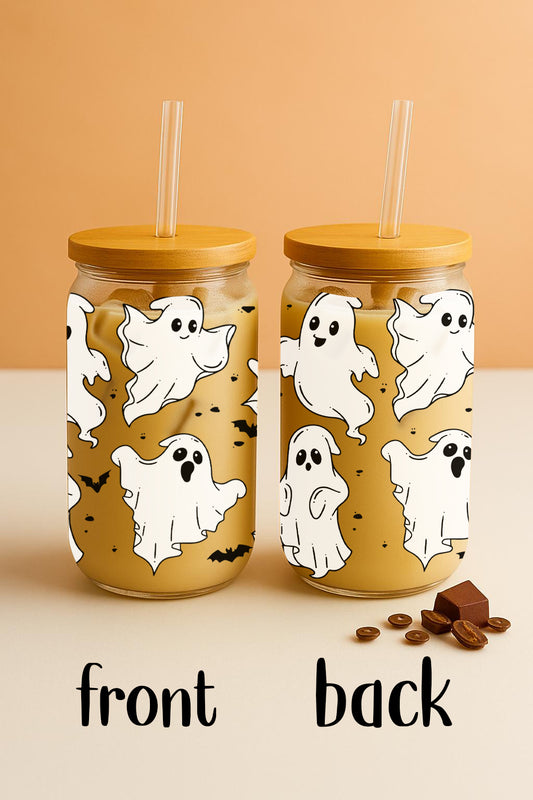 Halloween-Inspired Iced Coffee Cup: Cute Ghosts, Bats, Pumpkin Design