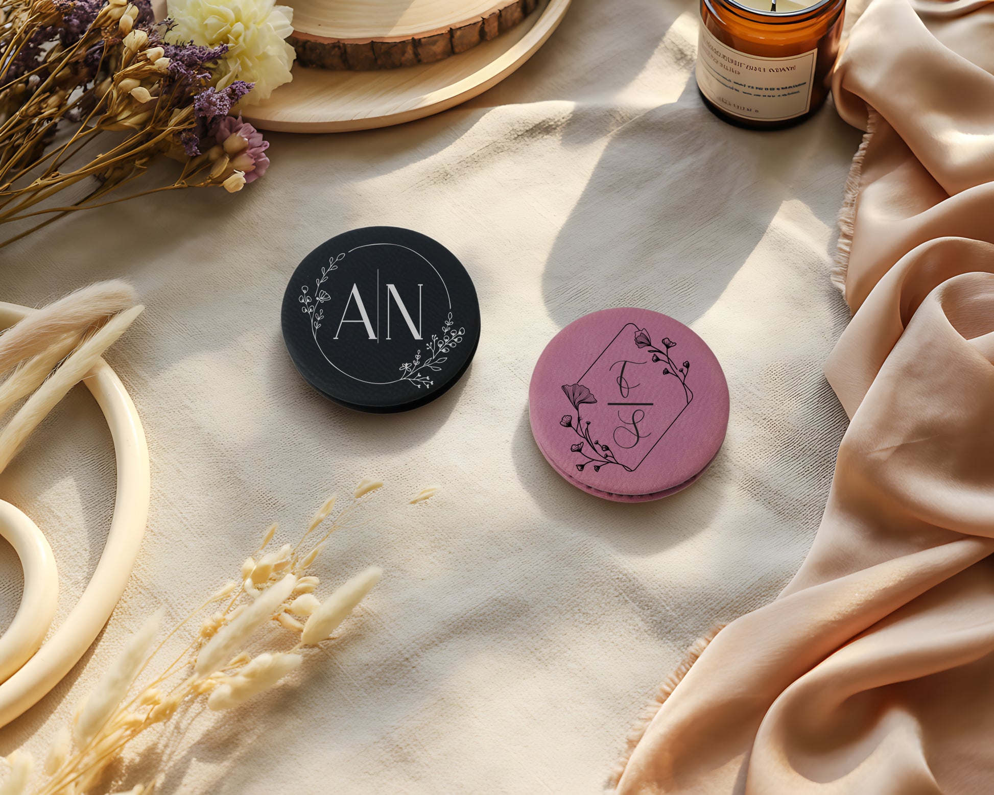 Customizable Vegan Leather Compact Mirror, Personalized Monogram Portable, Valentine's Day.