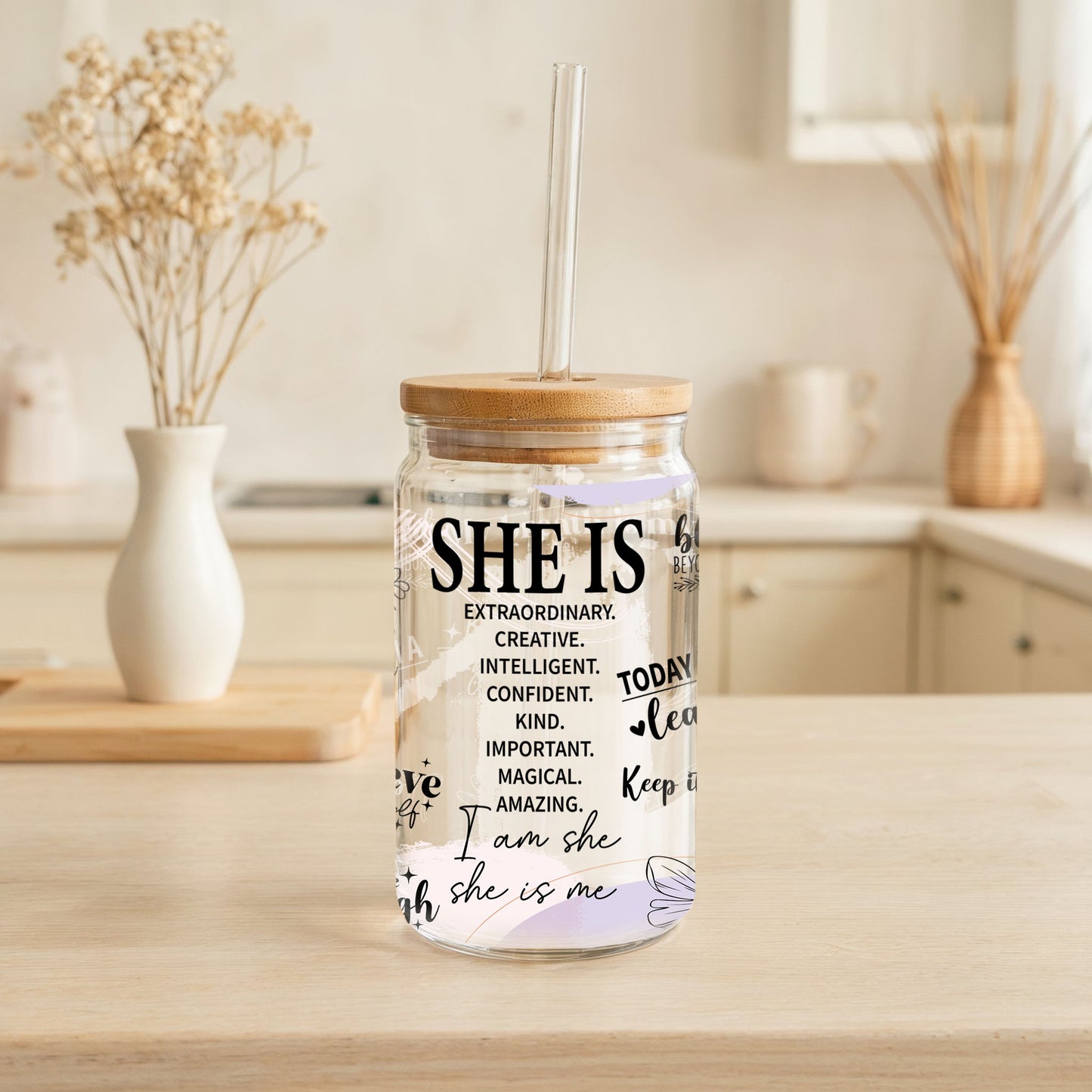 Energetic Sipper Glass, Motivational Tumbler, Stylish Bamboo Cup - Gift!