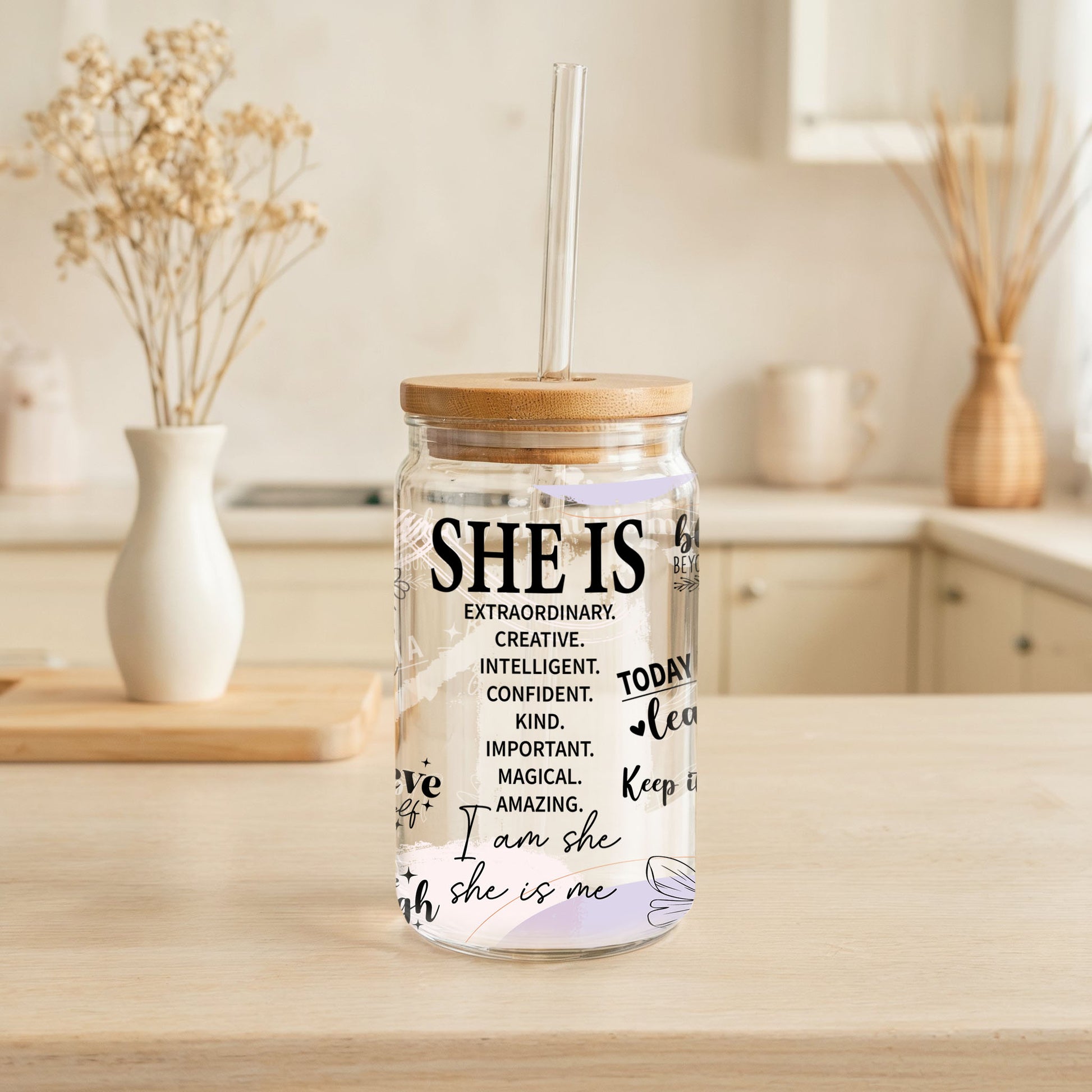 Energetic Sipper Glass, Motivational Tumbler, Stylish Bamboo Cup - Gift!