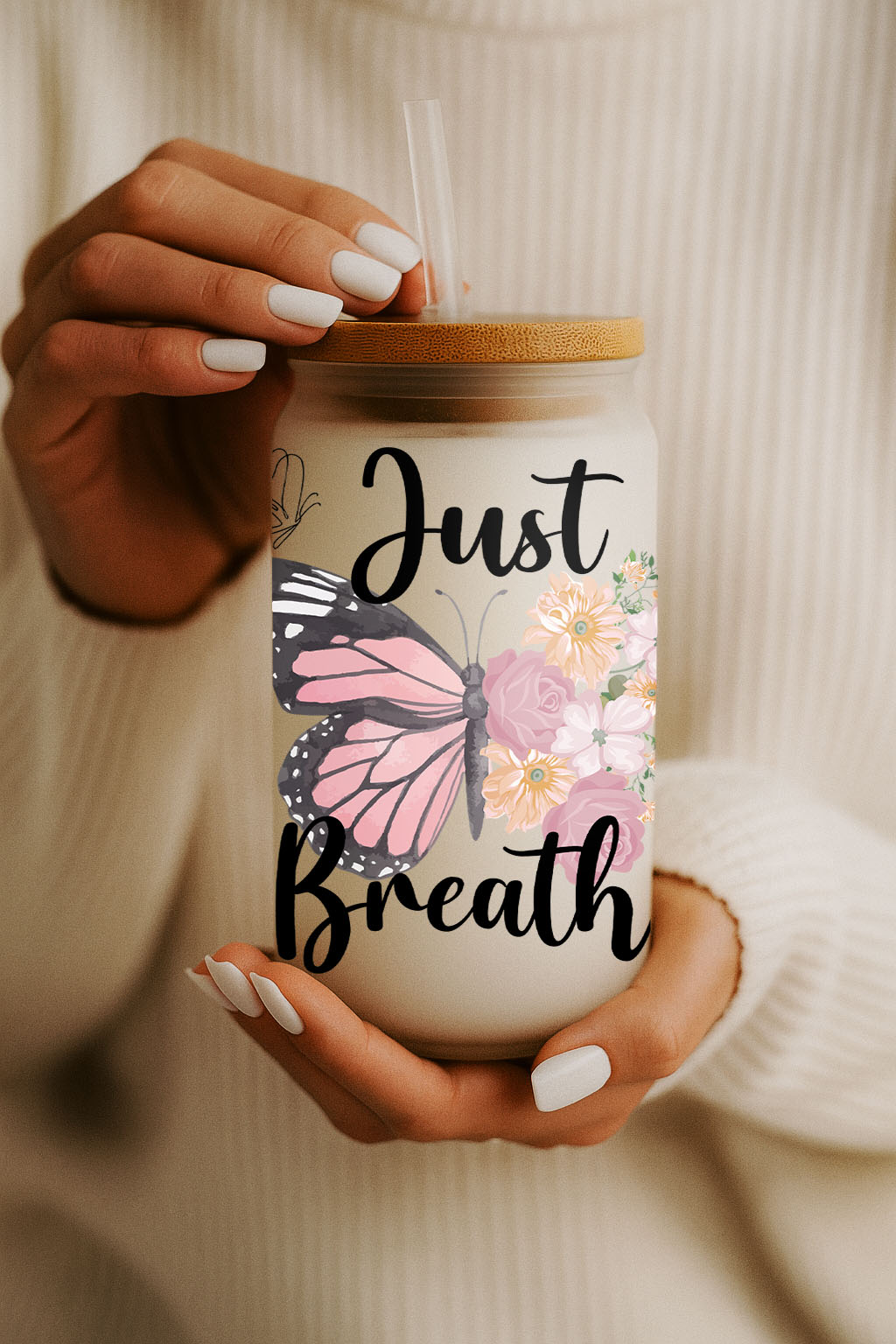 Floral Just Breathe Tumbler: Butterfly Inspired Self-Motivation Gift Cup