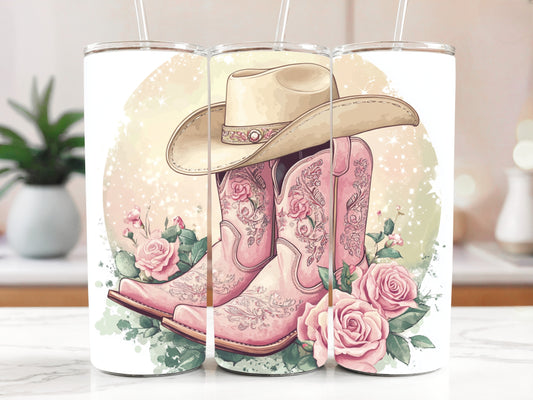 Aesthetic Cowgirl Tumbler, Retro Pink Boots & Roses Stainless Steel Insulated Tumbler