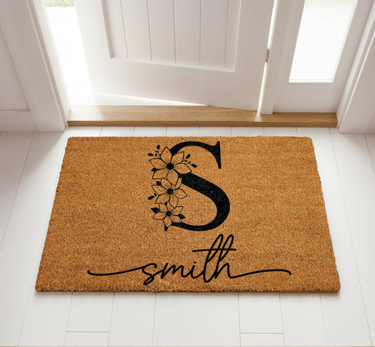 Personalized Last Name & Est Year Welcome Mat, Custom Monogram Decor
