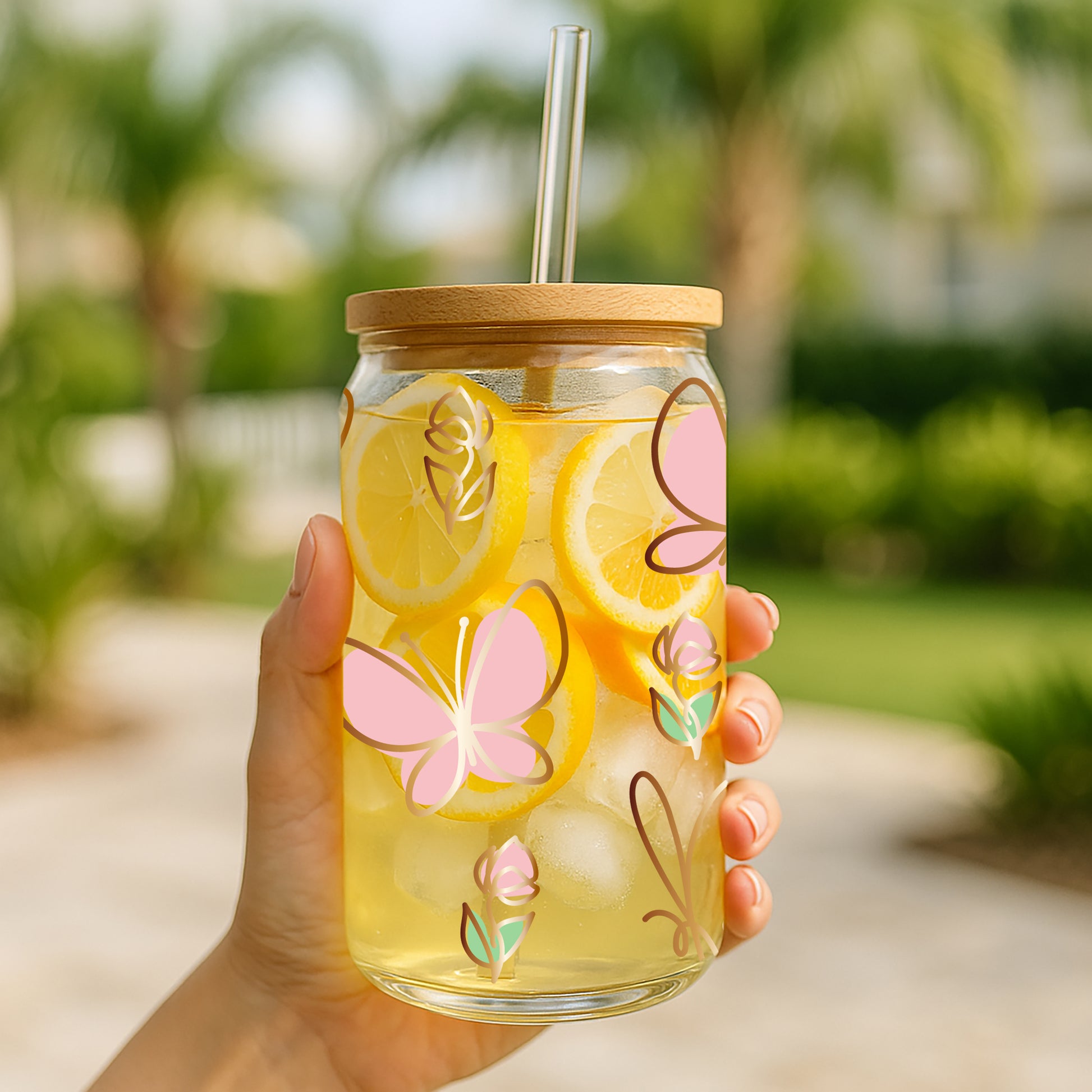 Golden Striped Butterfly Glass Tumbler, Cute Eco-Friendly Iced Coffee Cup