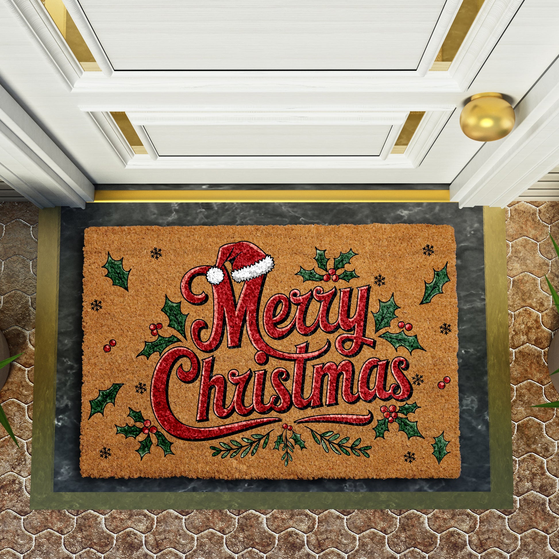 Cozy Winter Mat: Merry Christmas Doormat, Festive Santa Hat Design