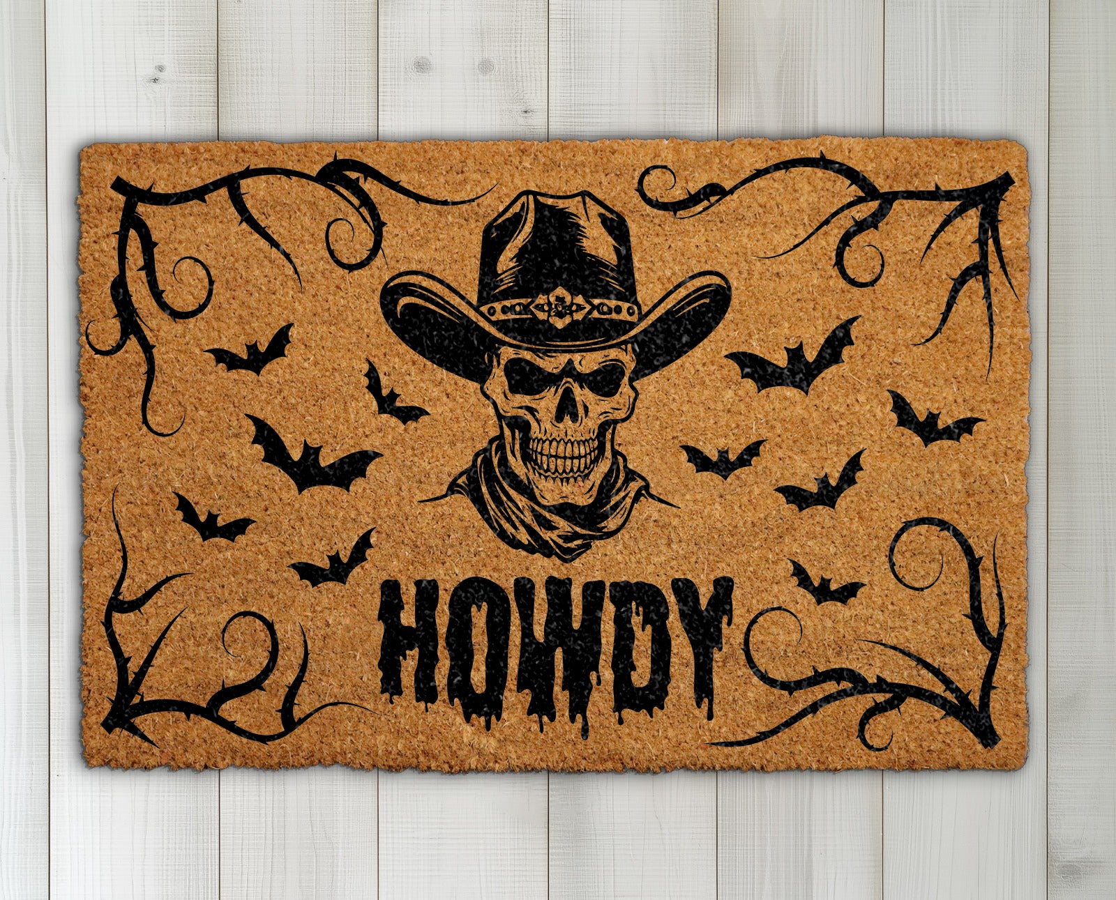 Gothic Cowboy Doormat, Spooky Western Halloween Farmhouse Welcome Rug