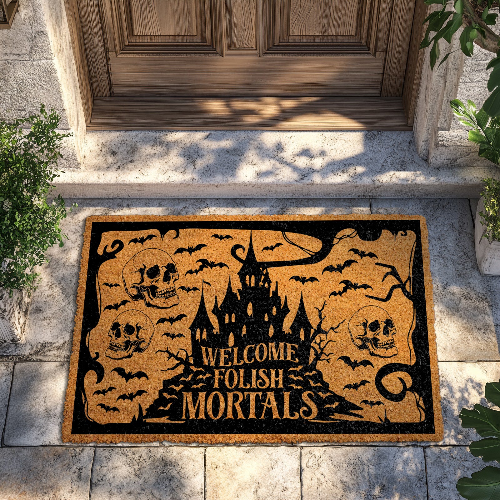 Spooky Bat and Skull Welcome Mat, Halloween Home Decor Essential