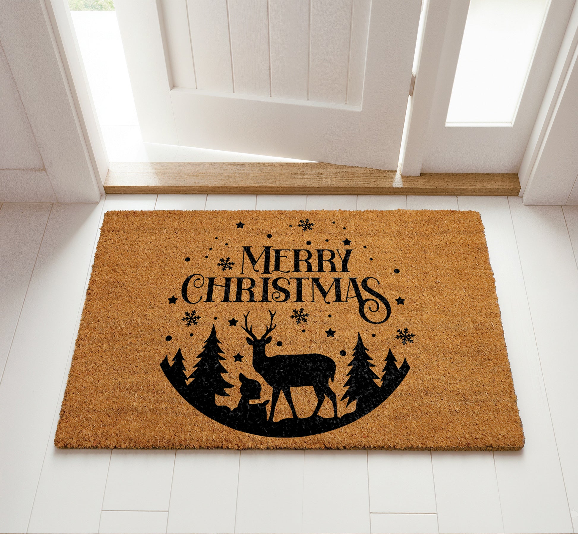 Festive Reindeer Doormat, Snowflakes Welcome Mat, Winter Wonderland Entrance Rug