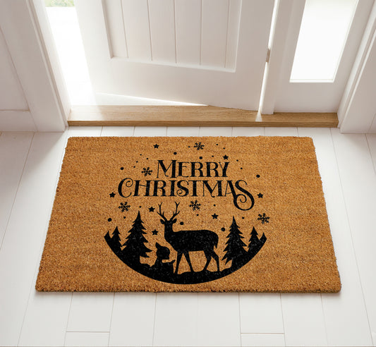 Festive Reindeer Doormat, Snowflakes Welcome Mat, Winter Wonderland Entrance Rug