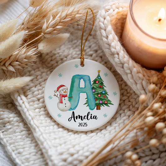 Custom Initial Snowmen Ornament: Family Christmas Tree Decoration, Festive Gift