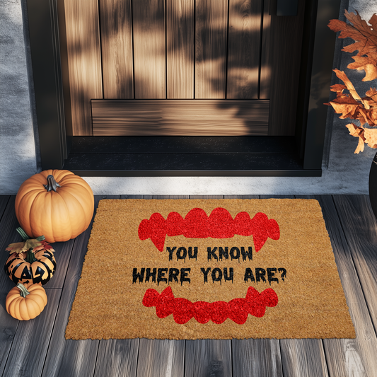 Welcome in Style with our Vampire Fangs Coco Doormat