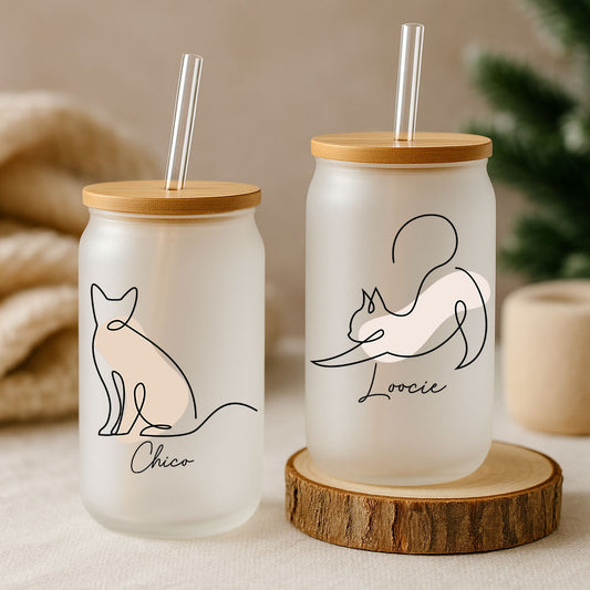 Custom Cat Glass Tumbler: Bamboo Lid, Cute Poses, Gift for Cat Lovers