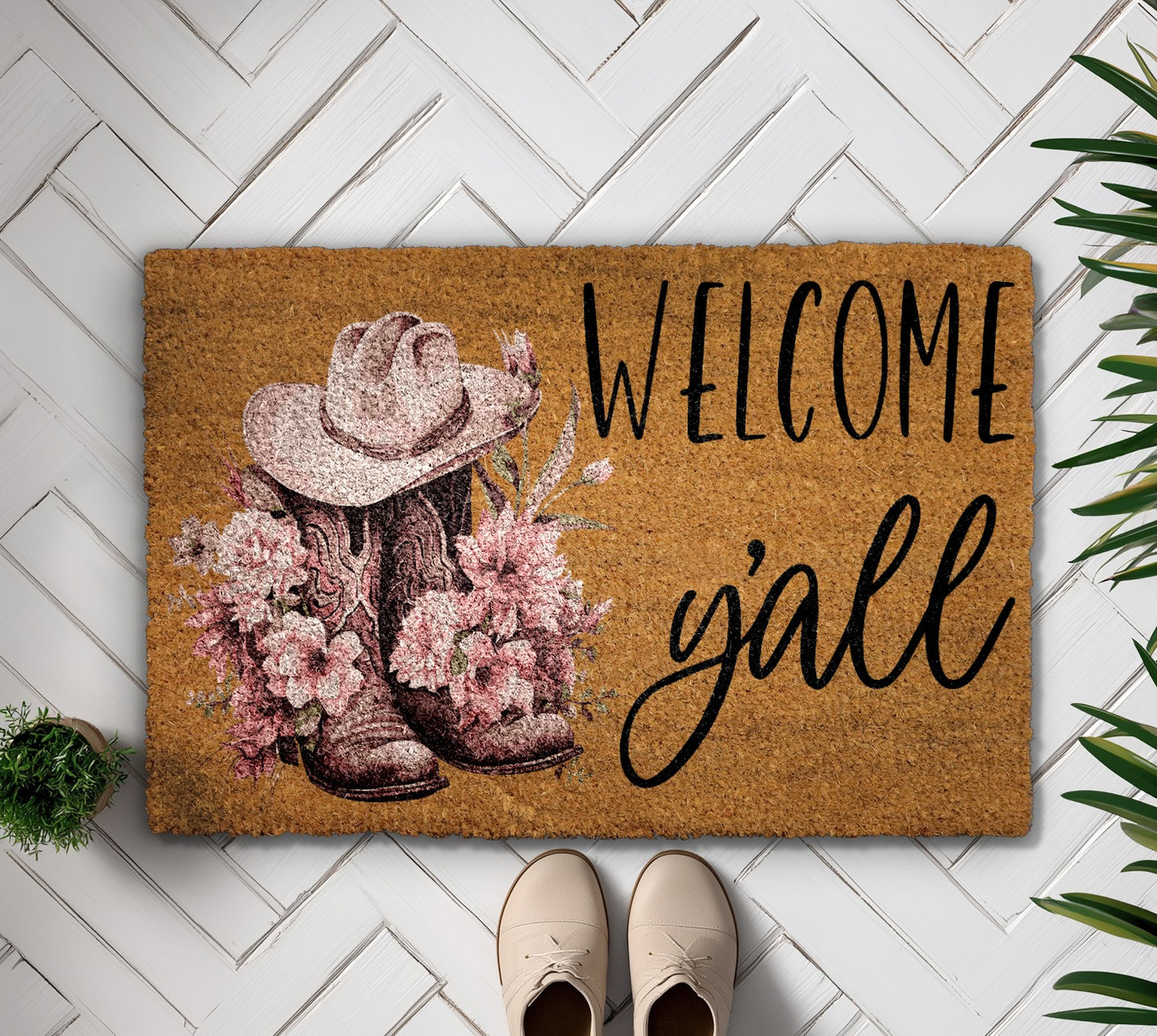 Pink Cowboy Boots and Hat Welcome Mat for Western Home.