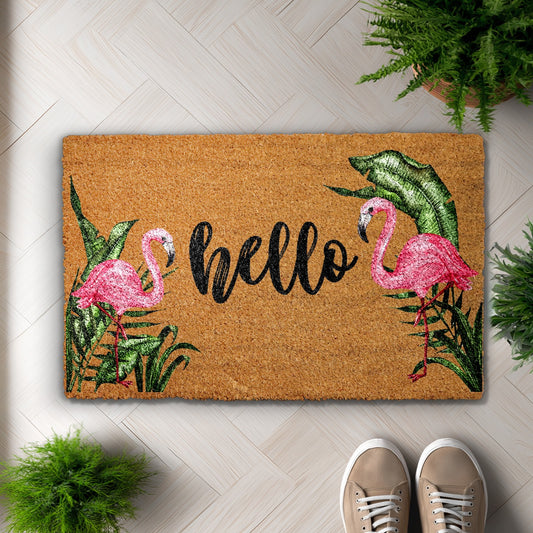 Tropical Leaves & Pink Flamingo Doormat: Charming Summer Welcome Rug