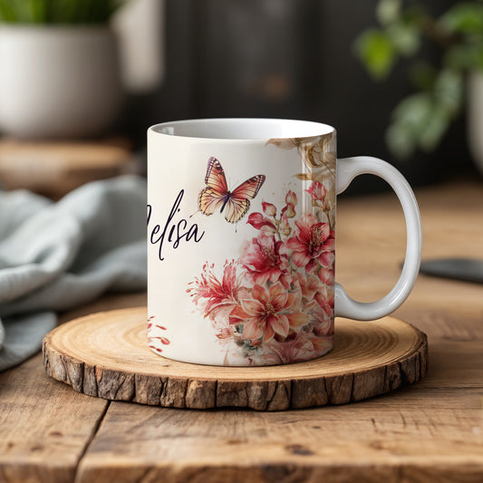Custom Botanical Name Mug, Personalized Floral Ceramic Cup, Vibrant Butterfly