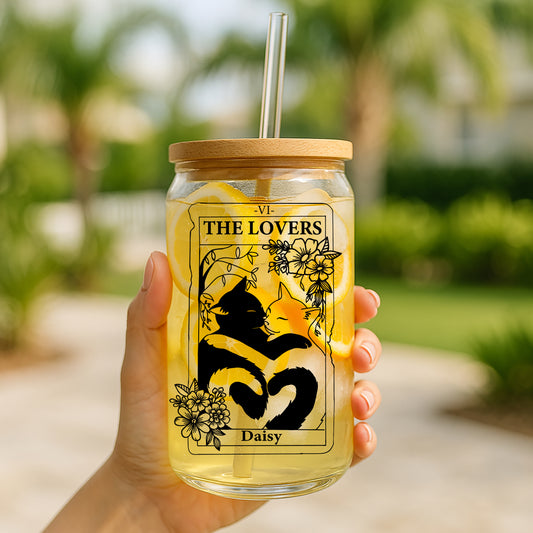 Custom Cat Design Glass Tumbler, Cute Tarot Card Iced Coffee Cup