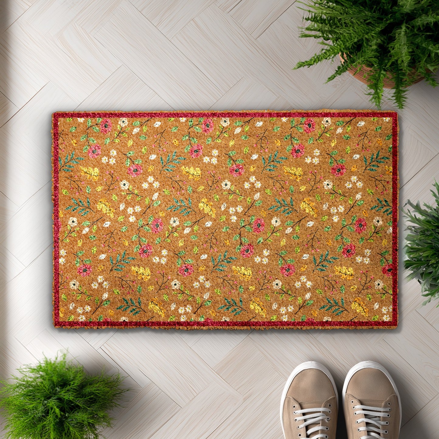 Charming Floral Welcome Mat, Colorful Boho Front Porch Doormat.