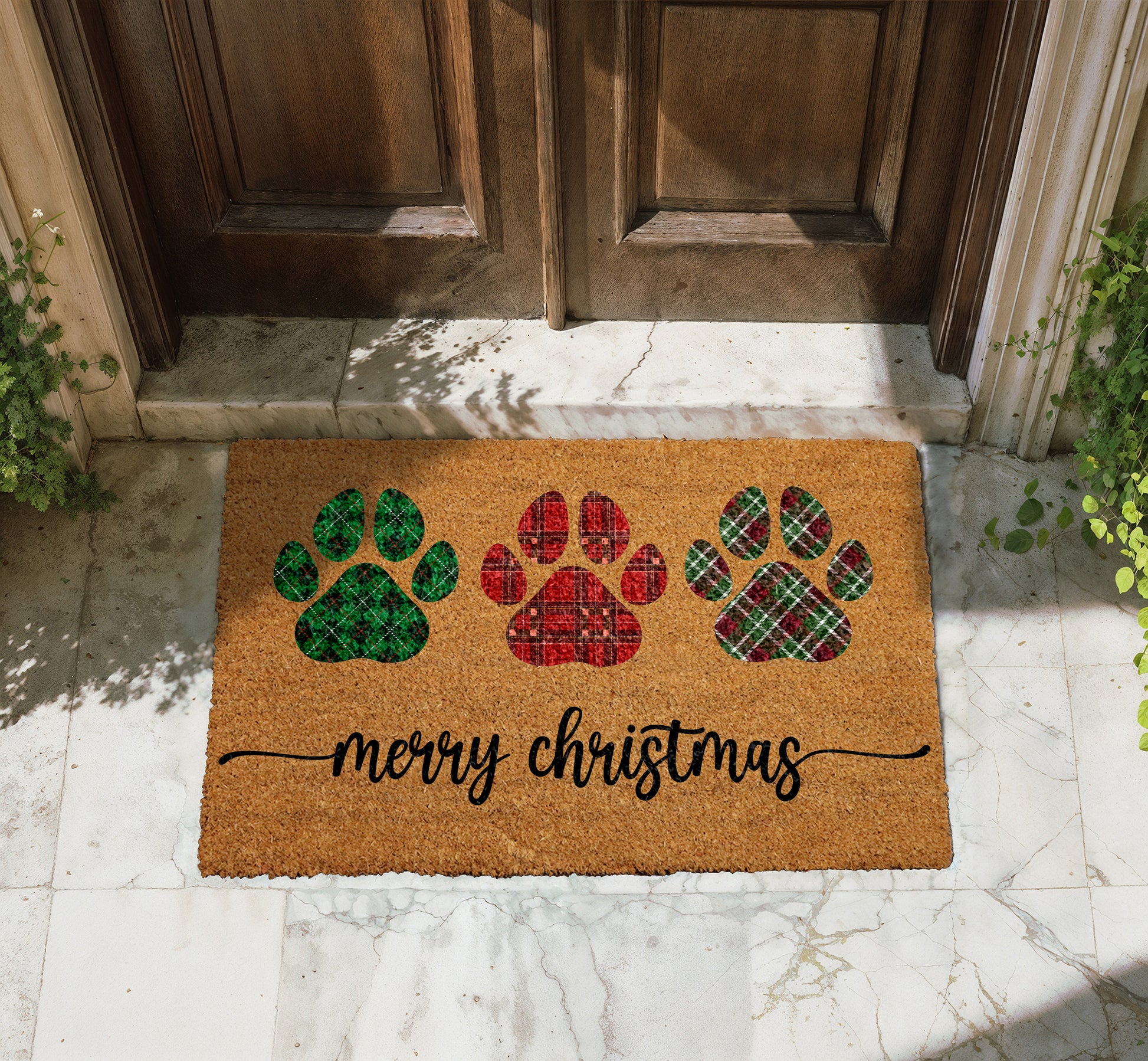 Paw Print Plaid Doormat, Dog Mom Winter Decor, Pet Welcome