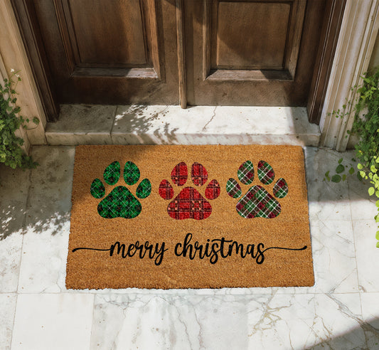Paw Print Plaid Doormat, Dog Mom Winter Decor, Pet Welcome