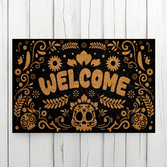 Spooky Season: Sugar Skull Welcome Mat, Mexican Folk Art Doormat