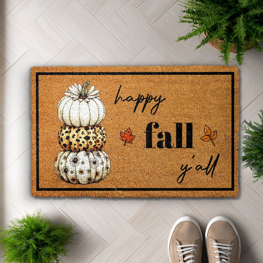 Fall Farmhouse Doormat, Welcome Autumn with Pumpkin and Turkey