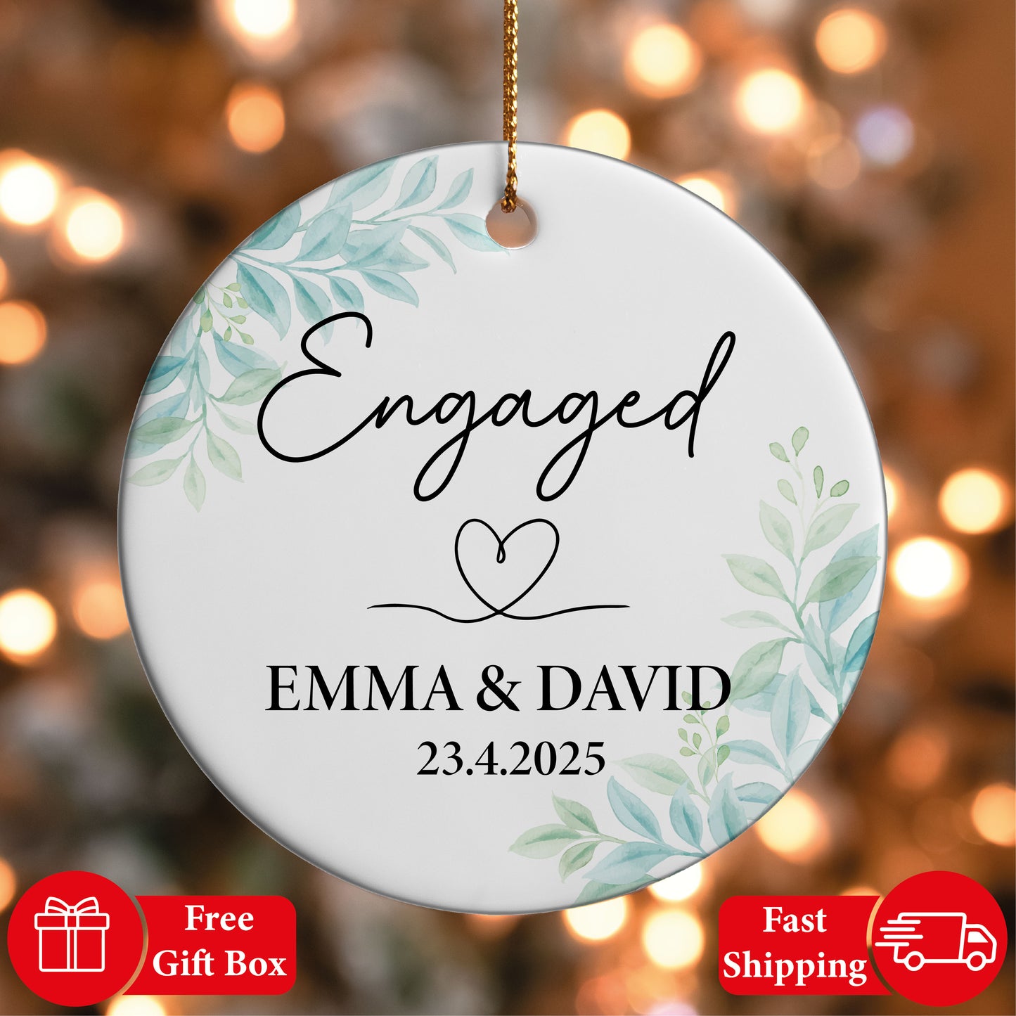 Floral Engaged Couple's Ornament, Personalized 2025 Christmas Keepsake.