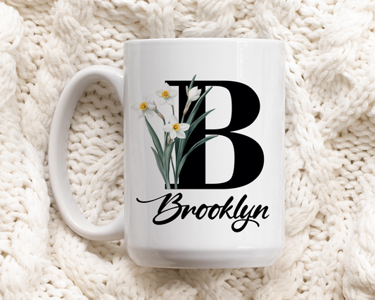 Personalized Botanical Monogram Mug, Elegant Birth Month Floral Coffee Cup