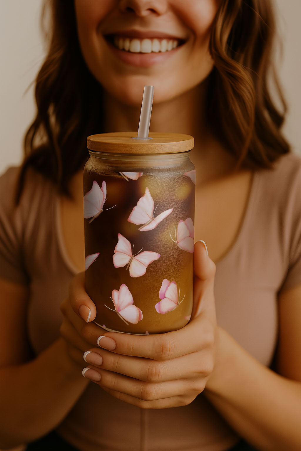 Butterfly Glass Can Tumbler, Lovers Mug Gift, Girl Coffee Cup