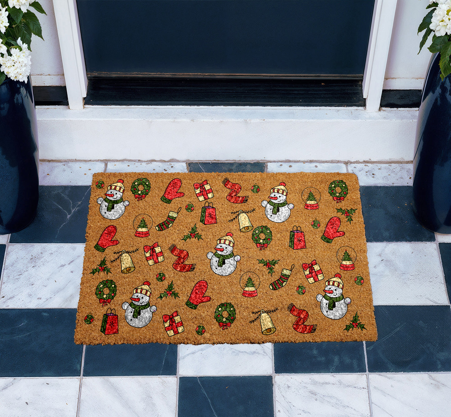 Winter Wonderland: Festive Snowman & Holiday Pattern Coir Doormat, Housewarming Gift