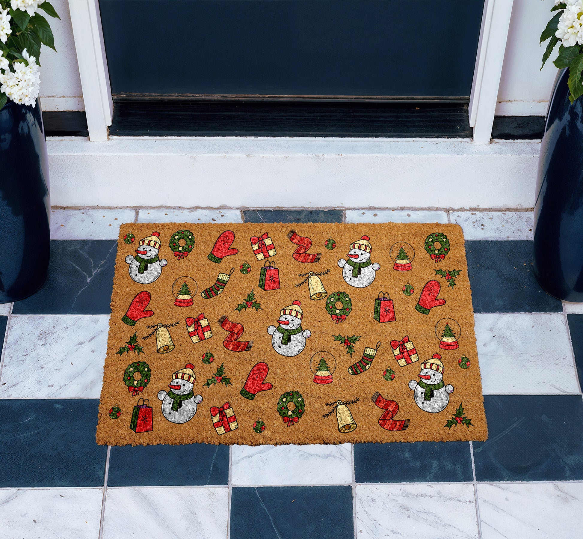 Winter Wonderland: Festive Snowman & Holiday Pattern Coir Doormat, Housewarming Gift