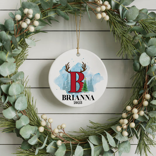 Personalized Reindeer Antler Ceramic Ornament, Custom Watercolor Tree Decor Gift