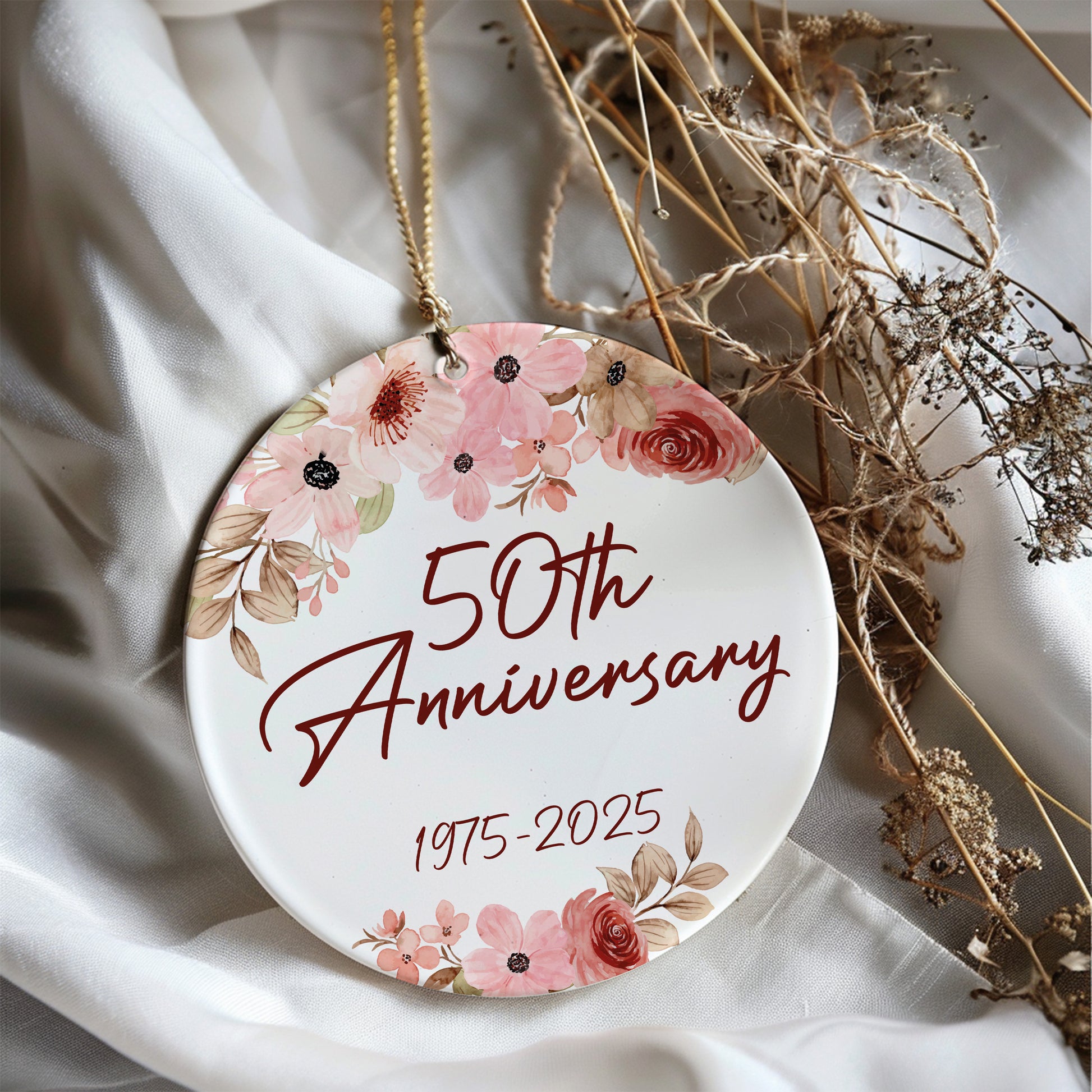 Celebrate Love with a Golden Custom Wedding Ceramic Ornament!