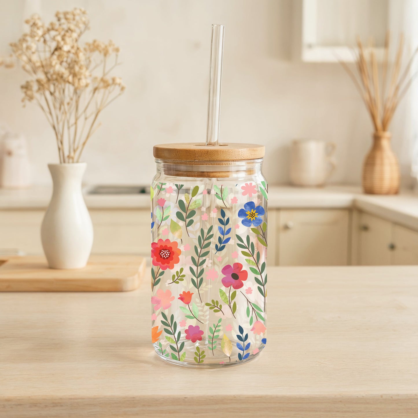 Vibrant Floral Can Glass, Aesthetic Wildflower Iced Coffee Cup, Colorful Tumbler