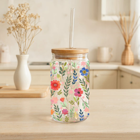 Vibrant Floral Can Glass, Aesthetic Wildflower Iced Coffee Cup, Colorful Tumbler