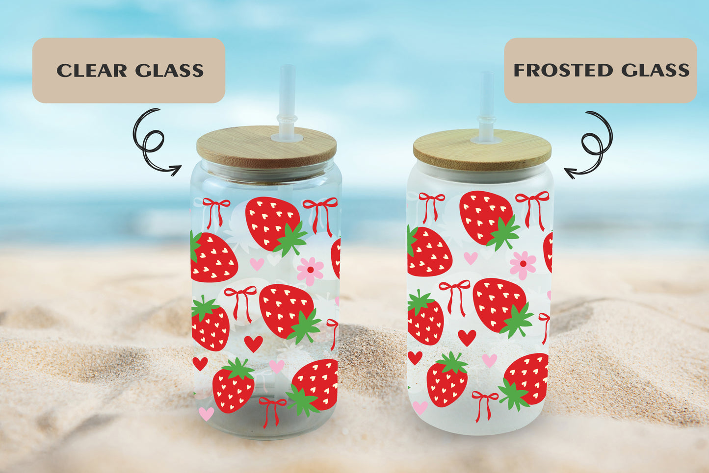 Strawberry Can Glass, Cute Coquette Bow Iced Coffee Cup, Aesthetic Strawberry Drink Glass, Fruit Themed Drinkware, Reusable Smoothie Glass