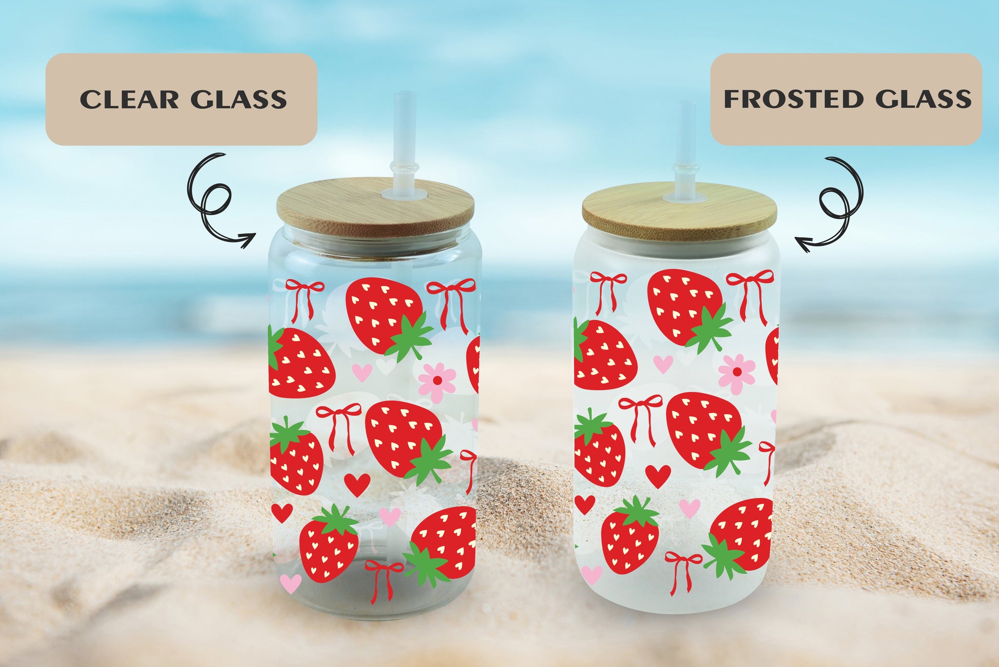 Strawberry Can Glass, Cute Coquette Bow Iced Coffee Cup, Aesthetic Strawberry Drink Glass, Fruit Themed Drinkware, Reusable Smoothie Glass