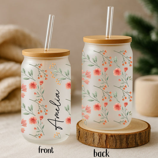 Floral Cottage Core Sipper Glass, Vintage Boho Iced Coffee Cup