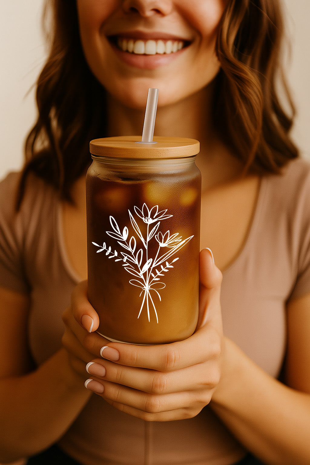 Nature Lover's Wildflower Bouquet Tumbler with Bamboo Lid, Glass Straw