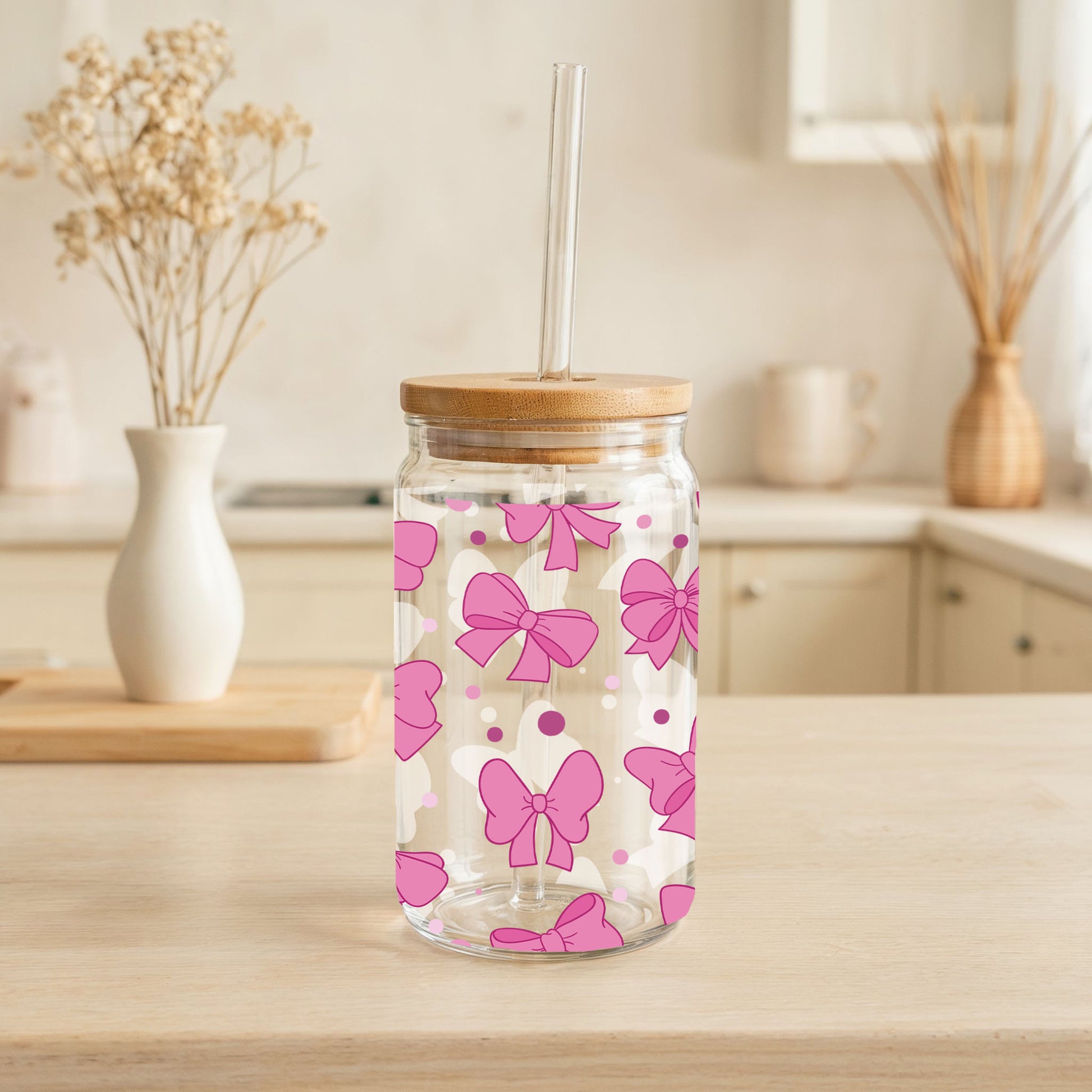 Chic Ribbon Pattern Glass Tumbler, Perfect for Iced Coffee!