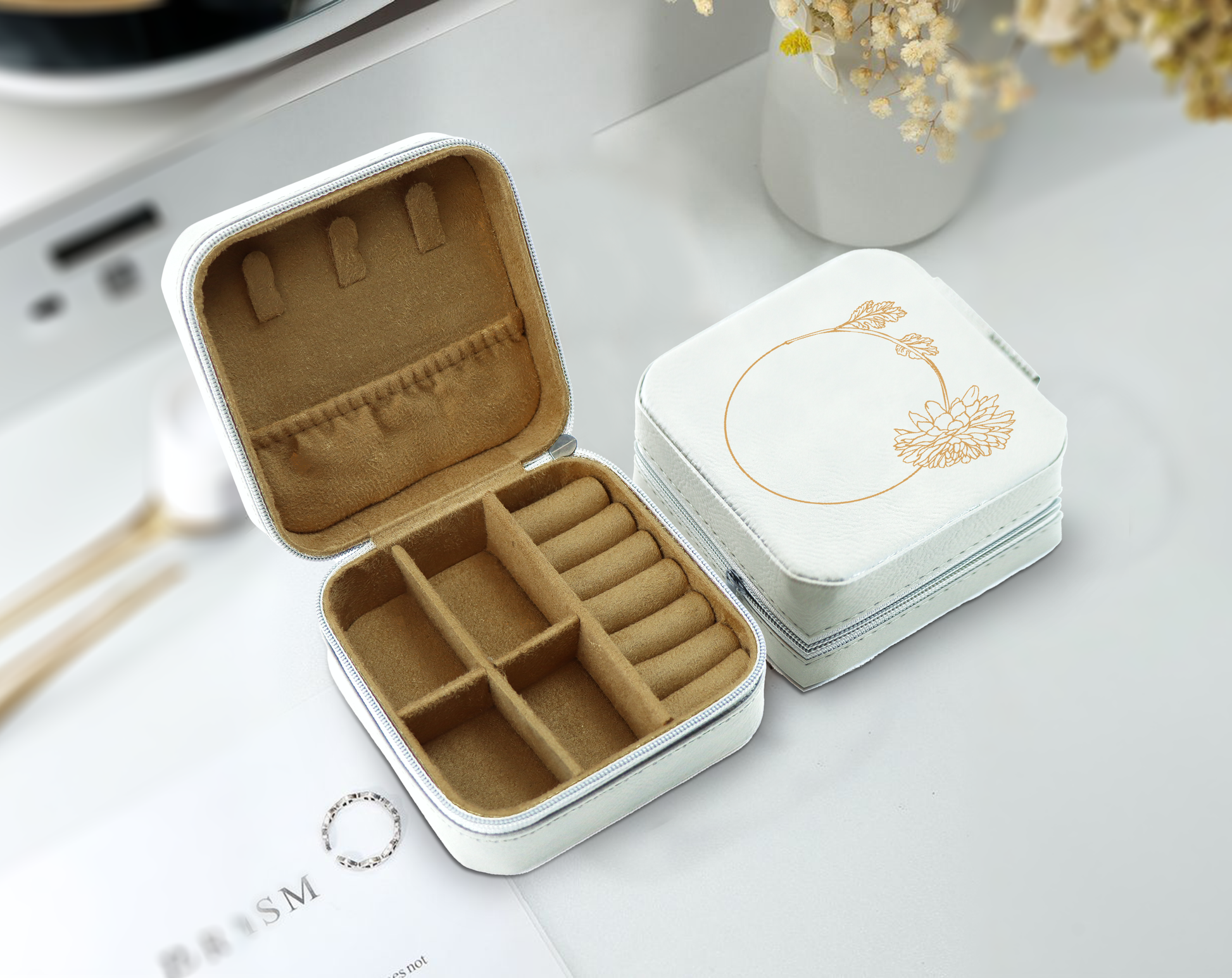 Personalized Leather Jewelry Case with Flower Design, Ideal Bridesmaid Gift