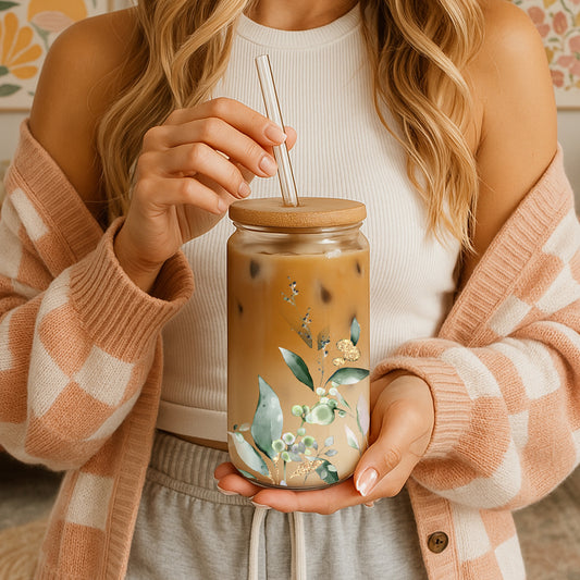 Cottage Core Tumbler: Botanical Eucalyptus Design, Floral Minimalist Cup