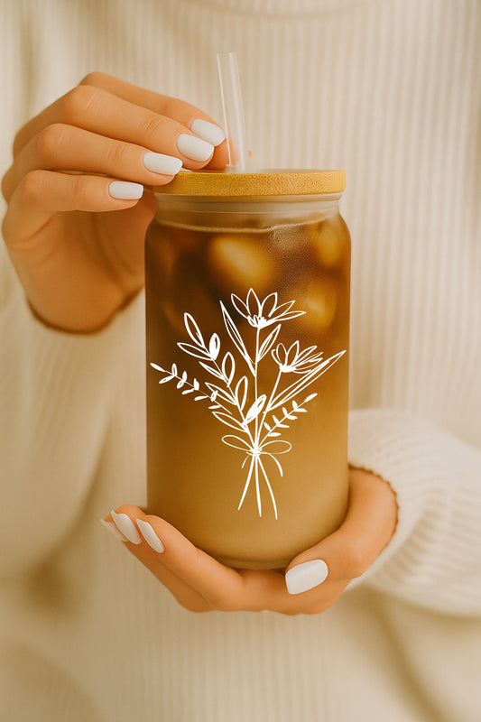 Nature Lover's Wildflower Bouquet Tumbler with Bamboo Lid, Glass Straw